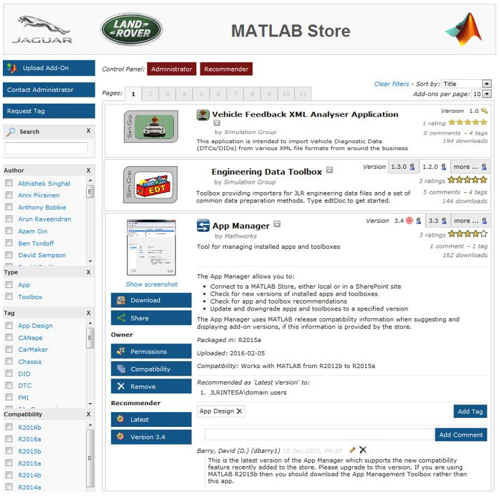 捷豹路虎的MATLAB应用商店，提供一键下载和安装现成的工程工具，由他们的工程师为他们的工程师编写。