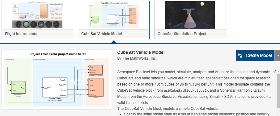 在Simulink启动页上的CubeSat项目和模型。金宝app