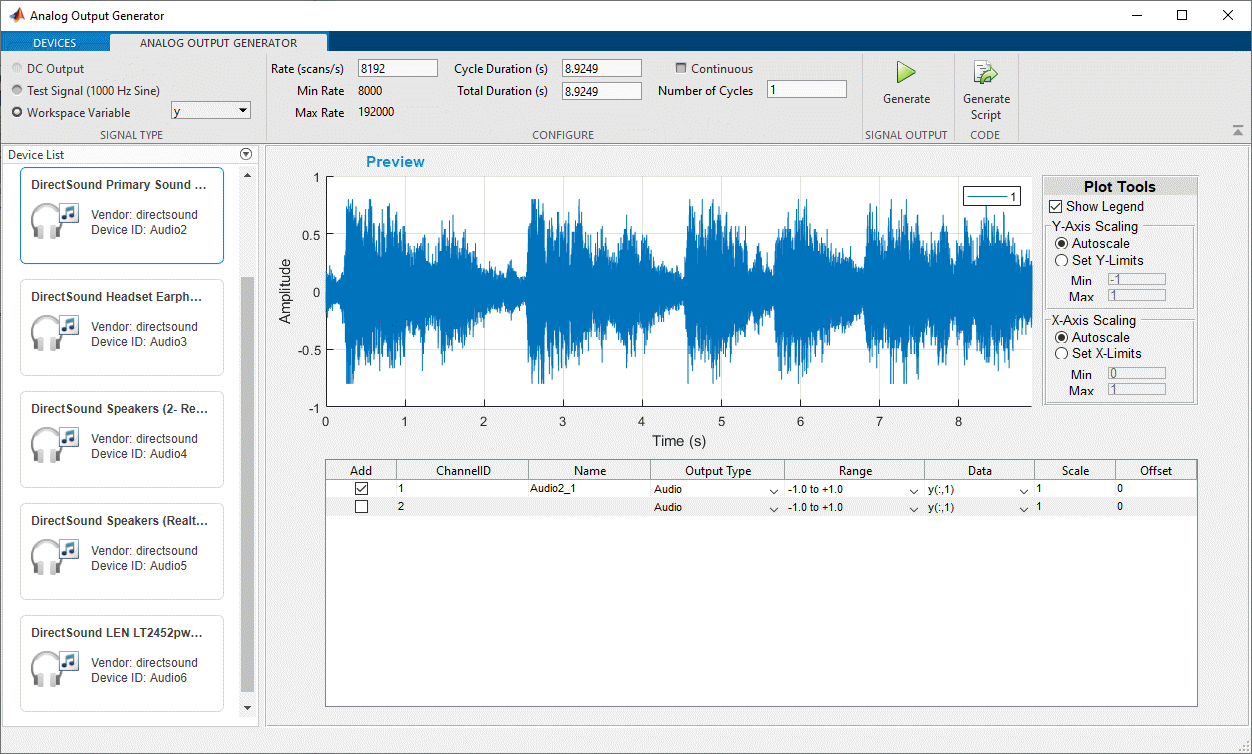 模拟输出生成器应用程序配置输出音频