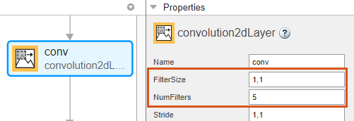 在深度网络设计器中选择卷积二维层。属性窗格显示FilterSize设置为1,1和NumFilters设置为5。