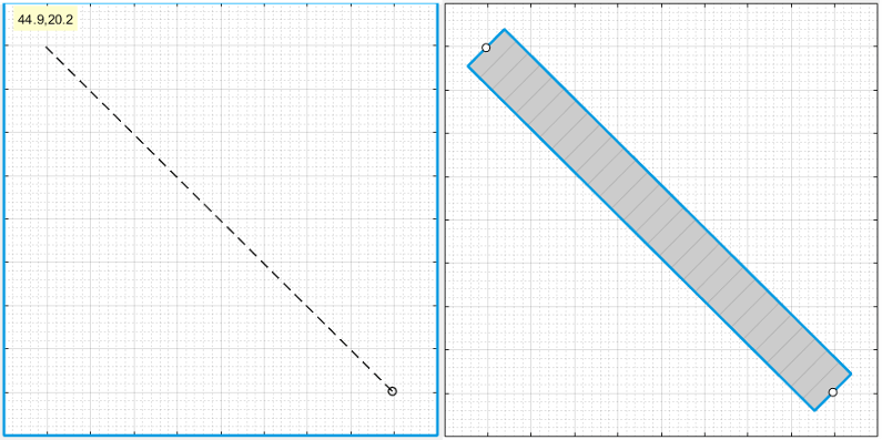的图像。在第一张图片中，一条虚线从画布的右下角延伸到左上角。在第二幅图中，虚线被一条直线代替。