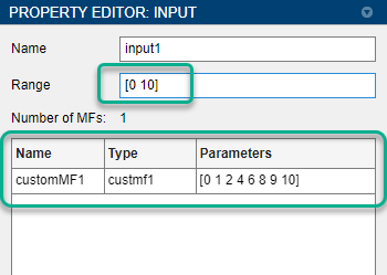 属性编辑器显示一个输入范围(1,10)和一个定制的MF wof custmf1类型与参数[0 1 2 4 6 8 9 10]