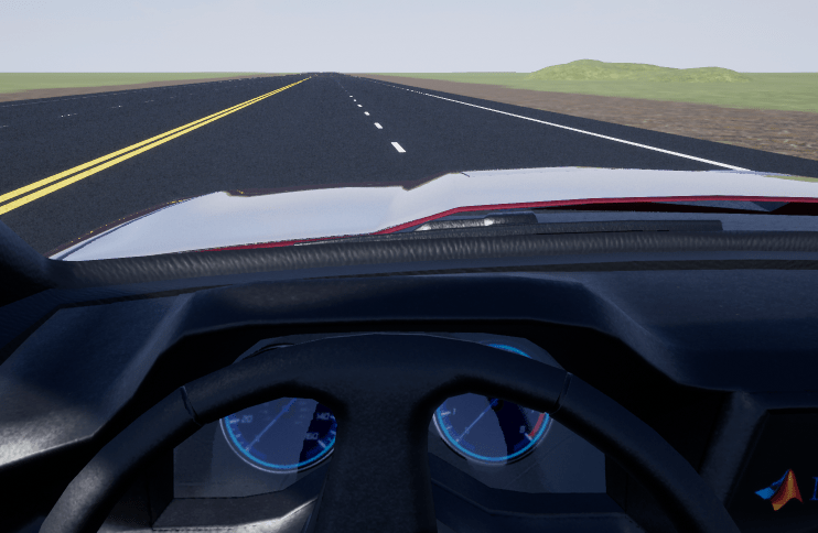 3D scene internal camera view of vehicle.