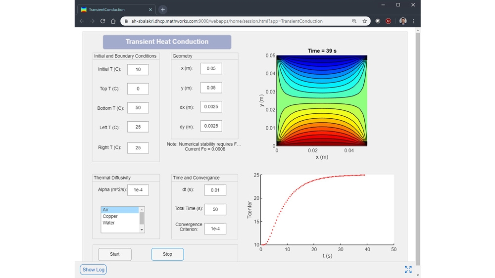 Transient Heat Conduction web app developed on Windows® and running on a Linux® server.
