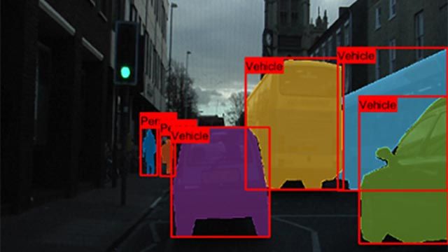 在使用实例分割创建轮廓的街景中检测对象的实例。