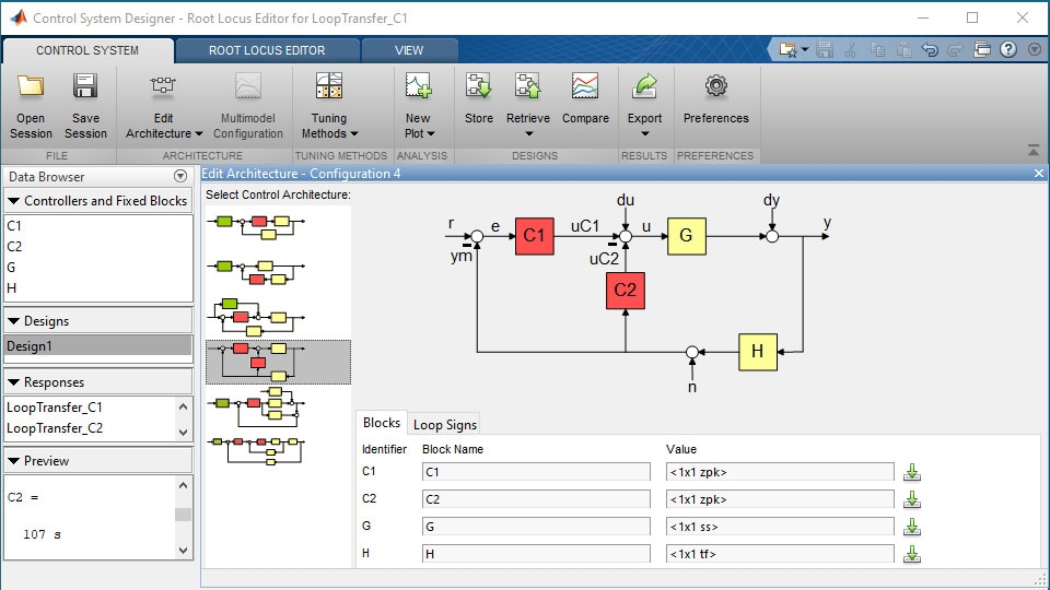 在控制系统设计器应用程序中指定多回路控制系统架构