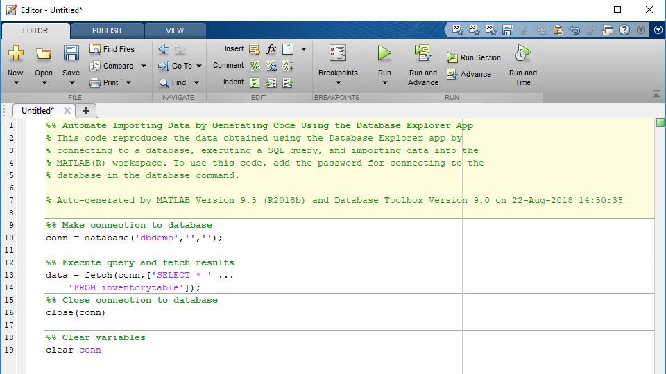 MATLABcode generated from the Database Explorer app