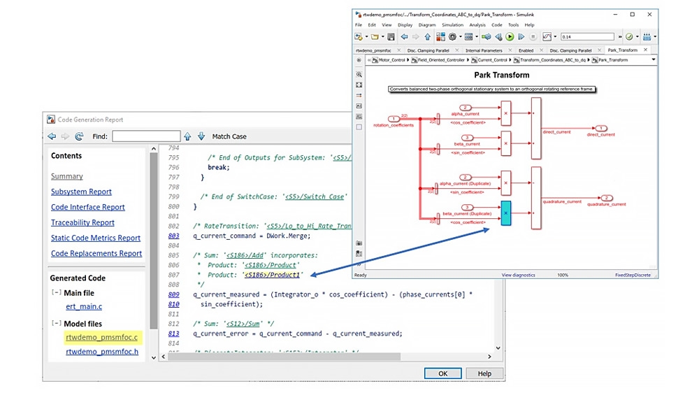 Simulink code generation report highlighting bidirectional traceability between algorithm and implementation.
