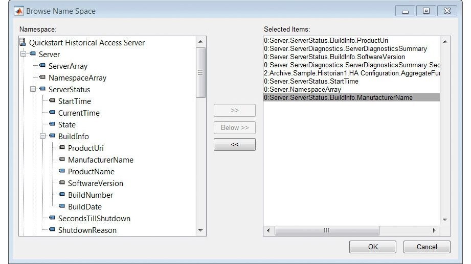 使用“浏览名称空间”工具查找服务器上可用的OPC节点。