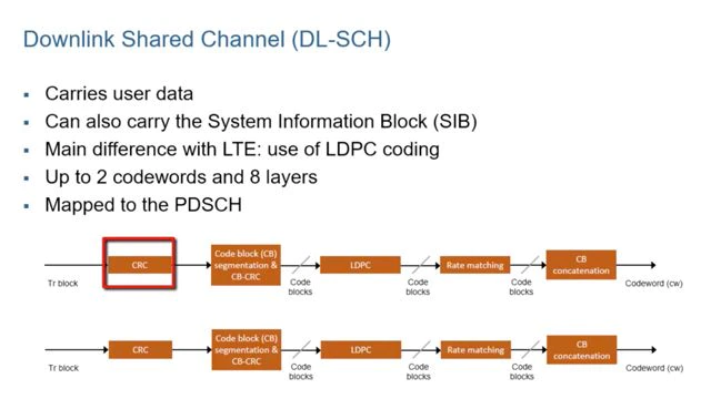 了解5G NR中的下行链路数据传输。探索下行链路共享信道链，包括LDPC编码、层映射、PDSCH传输的资源元素分配、PDSCH映射和预编码。