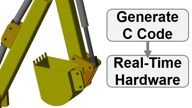 Convert a backhoe model to C code and simulate in a hardware-in-the-loop configuration. Simscape parameters are tuned on the real-time target.