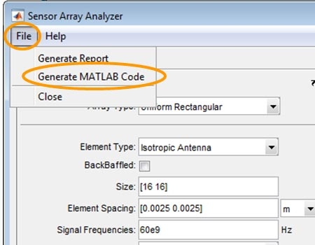 从传感器阵列分析仪图5.生成MATLAB代码。