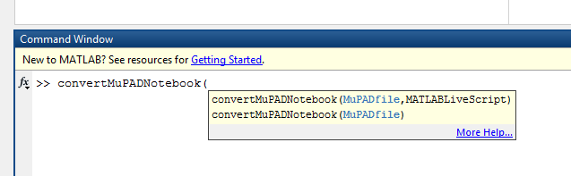使用convertMuPADNotebook函数(下)将一个MuPAD笔记本(左上)转换为一个活动脚本(右上)。