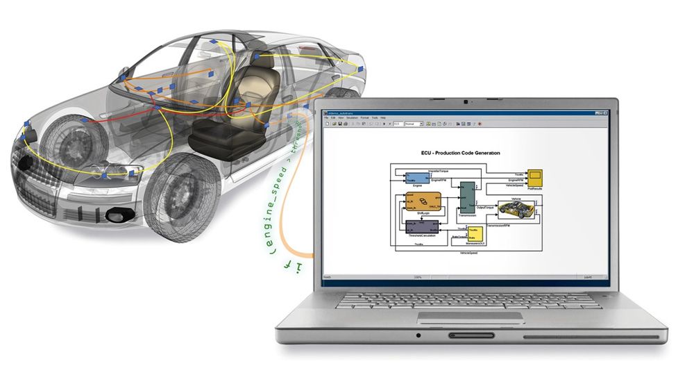 一辆汽车连接到一台笔记本电脑，该笔记本电脑用于从MATAB和Simulink访问车辆总线数据。金宝app