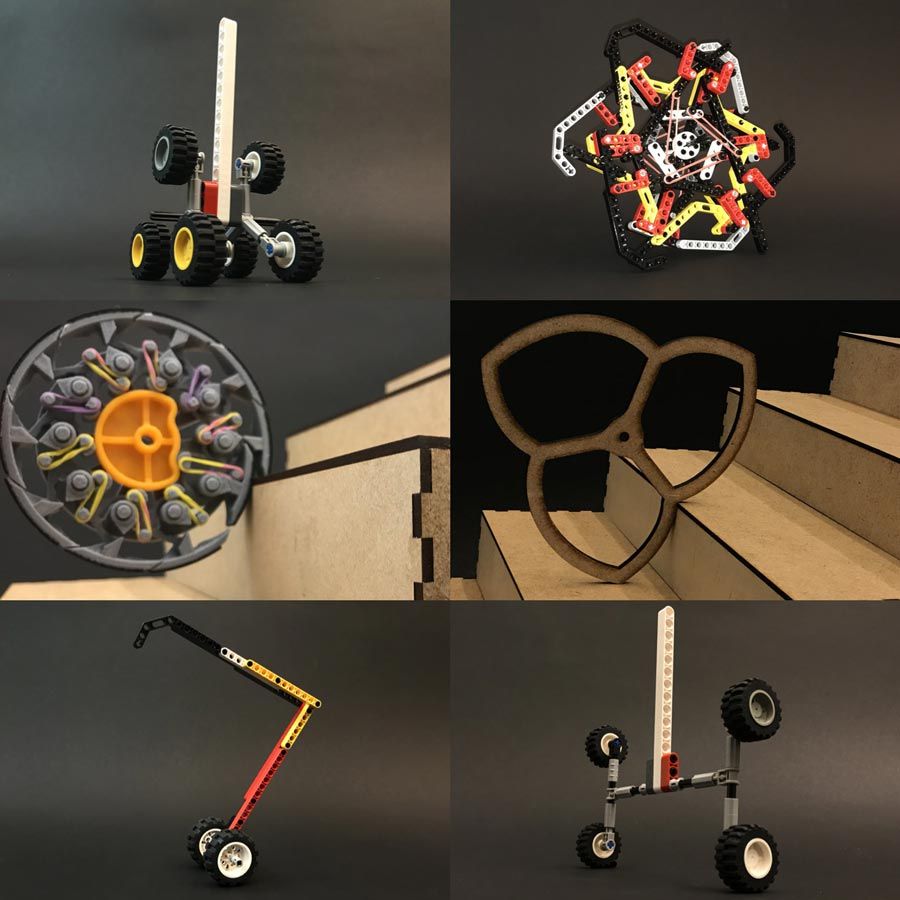 可以缩放楼梯的六个机器人的早期物理概念，显示用纸板或乐高引擎座和lego </ sup>块构建的轮子和腿的模型。