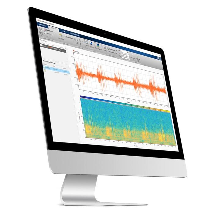 计算机显示了声音数据的信号处理和小波分析。