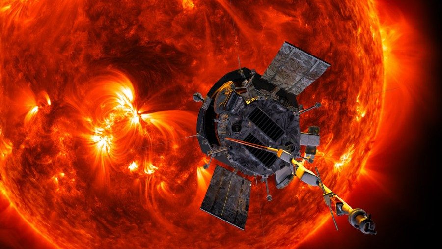 图1所示。艺术家演绎的帕克太阳探测器接近太阳。图片由JHU APL提供。http://parkersolarprobe.jhuapl.edu/