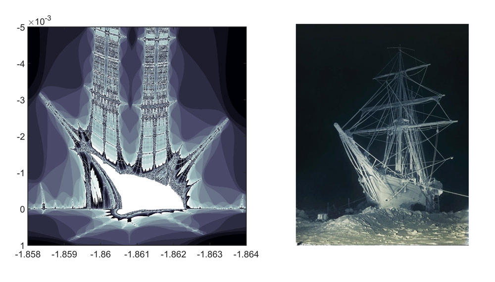 图5。左图:燃烧的船的尾迹。右图:赫尔利1915年拍摄的沙克尔顿的船在南极洲被冰冻结的照片。