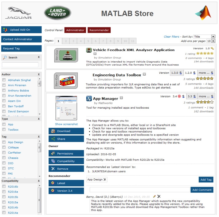 捷豹路虎的MATLAB应用程序商店，提供一键下载安装的准备使用的工程工具，通过编写他们的工程师为他们的工程师。