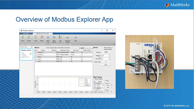 该浏览器的Modbus应用程序可以让你无需编写MATLAB代码读取和写入数据到任何Modbus设备。配置Modbus通讯，读取和写入Modbus寄存器，查看寄存器数据的实时曲线，并生成一个MATLAB现场脚本。