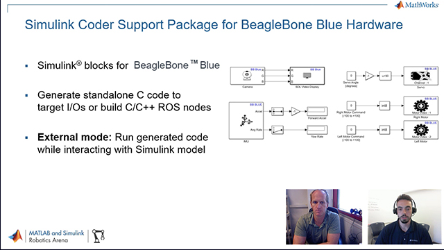 Sebastian Castro and Kurt Talke introduce the BeagleBone Blue hardware and demonstrate how it can be programmed using Simulink for robotics applications.