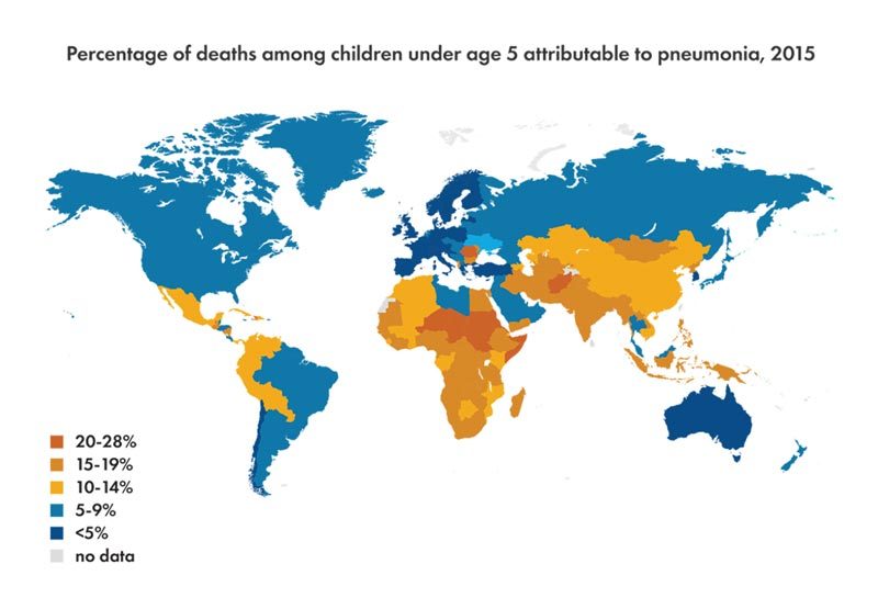 由于肺炎，全球地图显示了5岁以下儿童死亡人数的百分比。