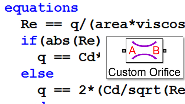模拟一个定制的液压孔板。使用MATLAB的Simscape扩展来定义隐式方程。