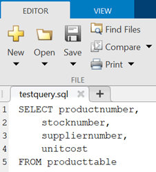 编辑器选项卡显示了包含SQL选择查询的TestQuery.sql文件，该文件从ProductTable数据库表中选择ProductNumber，Stocknumber，Shortumber和UnitCost列。