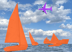 橙色像素填充每艘船的形状和紫色像素填充成型飞机
