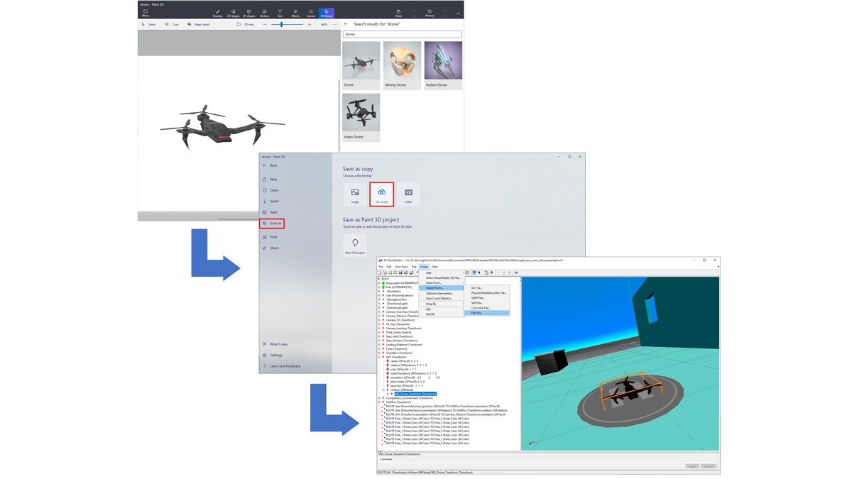 Drohne，模具AUS einer油漆3D有文库importiert，ALS FBX-Datei gespeichert UND在EINE 3D-世界报geladen wurde。