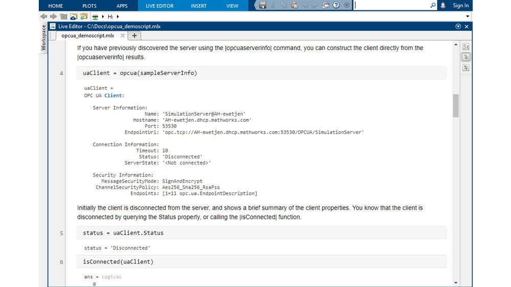 MATLAB-Code, der sicherheitformationen für einen OPC UA-Server anzeigt。