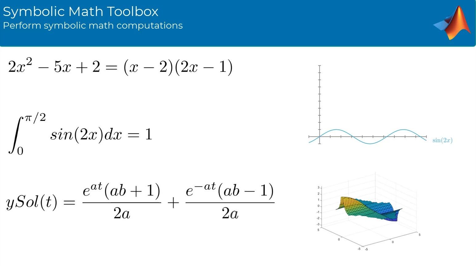 Symbolic Math Toolbox provides functions in common mathematical areas for solving, plotting, and manipulating symbolic math equations. Generate MATLAB functions, Simulink function blocks, and Simscape equations directly from symbolic expressions.