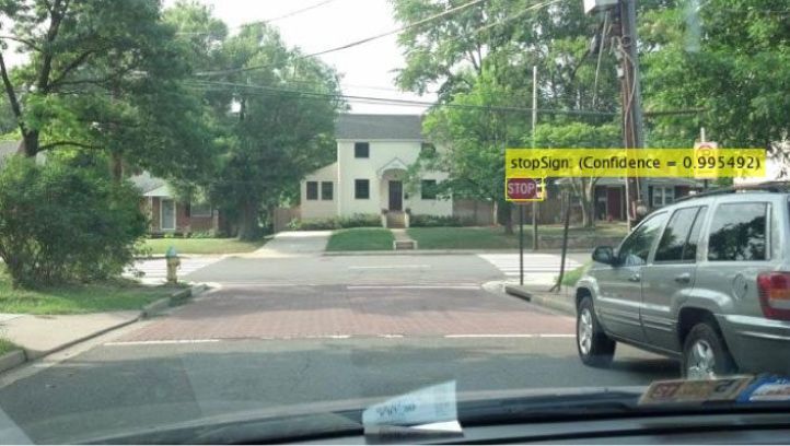 View from the driver of a stop sign surrounded by a yellow bounding box and label that reads “stopSign: (Confidence = 0.995492)