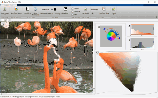 使用Color门槛判断应用程序应用颜色分割的鸟从背景中分离出来的前景。