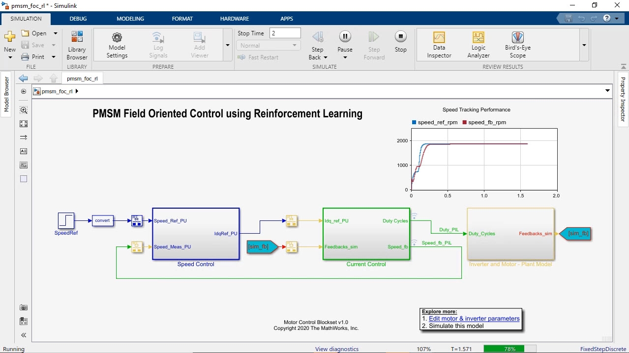 This video demonstrates field-oriented control of a PMSM using reinforcement learning. The reinforcement learning agent is designed and trained to replace the inner current loop PI controllers of the field-oriented control architecture.