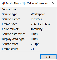视频信息对话框，显示该视频为灰度，帧高为256像素，帧宽为256像素，数据类型为uint8等信息。