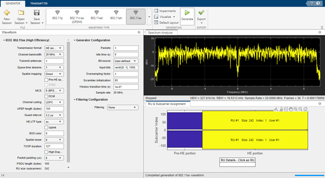 WLAN无线波形发生器应用程序的默认配置。