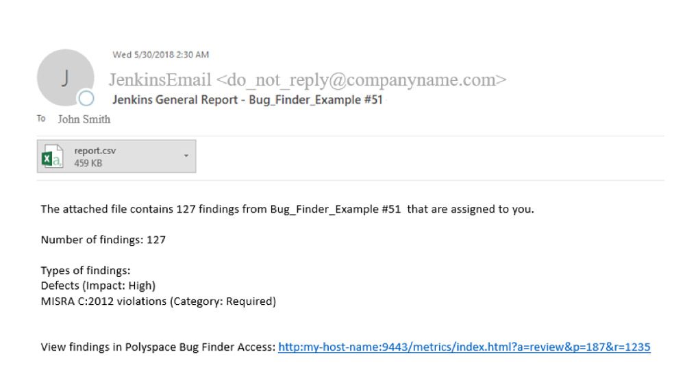 Envío de notificaciones por correo electrónico con los resultados de Polyspace Bug Finder。