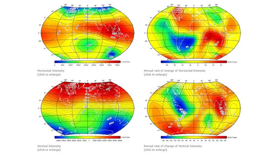 Représentation des intensités de champ magnétique terrere utilisant la 13e génération du modèle de champ géomagnétique international de référence (IGRF)。