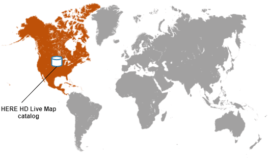 一张只突出显示北美的世界地图。HERE高清实时地图目录覆盖在北美地区的顶部。