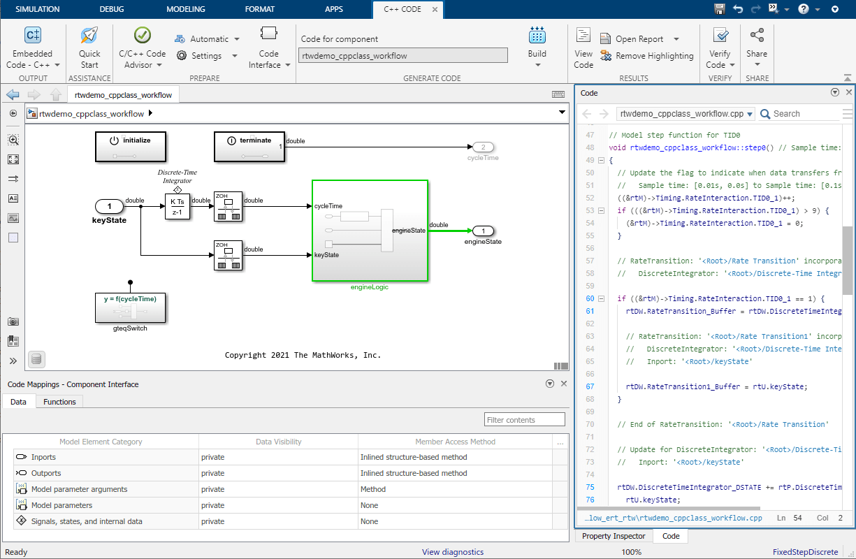 在Simulink中rtwdemo_cppclass_workflow模型的视图。金宝app工具条在顶部。Simu金宝applink模型在中间。代码映射- c++类窗格在底部。选中“代码映射”窗格中的“数据”选项卡。生成的代码显示在右边的Property Inspector窗格中。