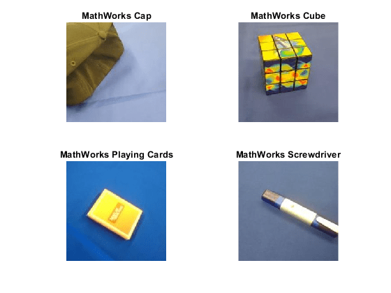 图包含4个轴。标题为MathWorks Cap的坐标轴1包含一个image类型的对象。标题为MathWorks Cube的坐标轴2包含一个image类型的对象。标题为MathWorks Playing Cards的坐标轴3包含一个image类型的对象。标题为MathWorks螺丝刀的轴4包含一个图像类型的对象。