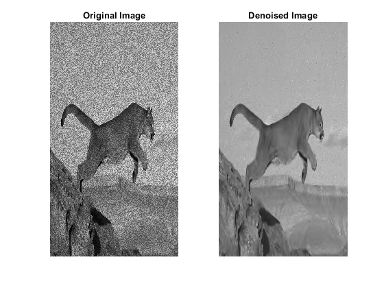 图中包含2个轴。标题为Original Image的坐标轴1包含一个类型为Image的对象。标题为“去噪图像”的坐标轴2包含一个图像类型的对象。