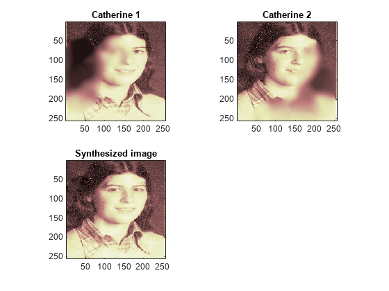 图中包含3个轴对象。标题为Catherine 1的坐标轴对象1包含一个image类型的对象。标题为Catherine 2的坐标轴对象2包含一个image类型的对象。标题为synthetic image的坐标轴对象3包含一个类型为image的对象。