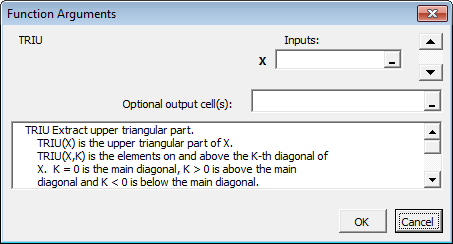 “函数参数”对话框显示所选的triu函数及其函数帮助。对话框包含输入输入和输出参数的字段。