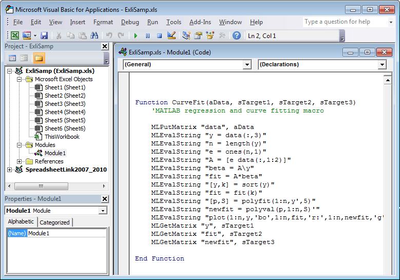 Exlisamp.xls  - 模块1（代码）窗口包含曲线上的VBA代码，其中曲线函数与参数Adata，Starget1，Starget2和Starget3
