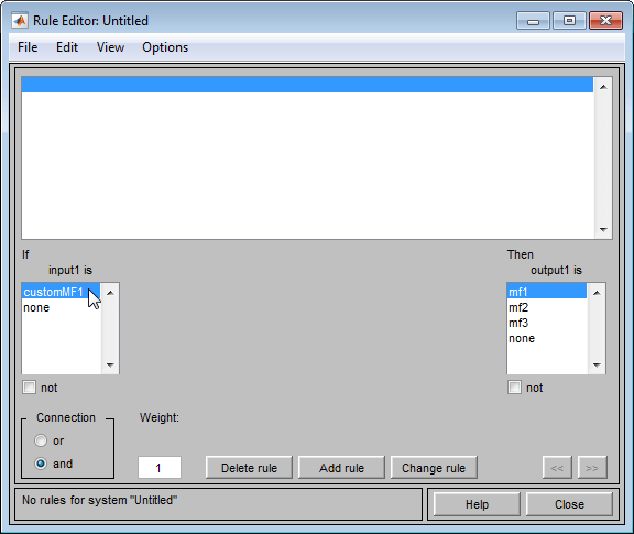 规则编辑器在左侧的输入成员函数选择列表中显示customMF1