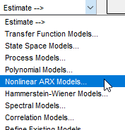 模型类型列表。选择非线性ARX模型。gydF4y2Ba