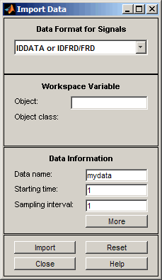 “导入数据”对话框。数据类型在顶部。Workspace Variable排在第二位。数据信息排在第三位。底部有导入、重置、关闭和帮助按钮gydF4y2Ba