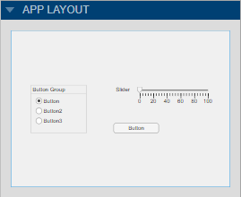 应用程序布局显示一个应用程序的缩略图，包含一个单选按钮组，一个滑块和一个按钮。